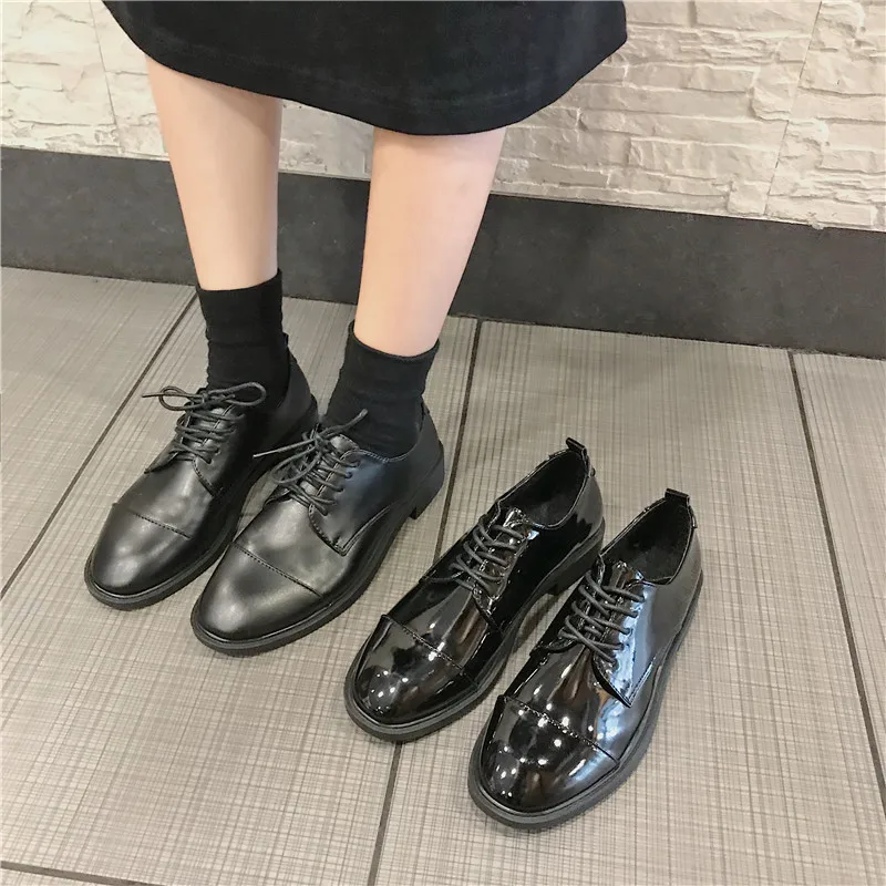 

Spring Black Oxford Shoes For Women Lace Up Leather Flats Comfortable Flat Heel Casual Vintage Shoes Square Toe British Style