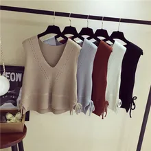 Корейский женский жилет с v-образным вырезом Kniited свободный короткий женский вязаный свитер без рукавов Белый Черный Повседневный милый модный свитер