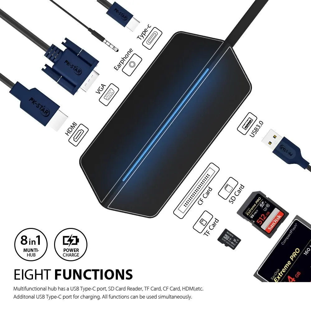 

USB Type C To HDMI VGA Adapter Thunderbolt 3 Dock Dongle USB C Hub Combo Micro SD Card With 3.5MM Aduio Socket For MacBook Pro