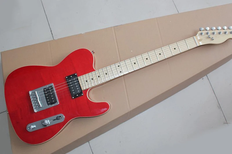 

Fctory Custom Red Electric Guitar with HH Pickuos,Flame Maple Veneer,White Binding,offering customized services