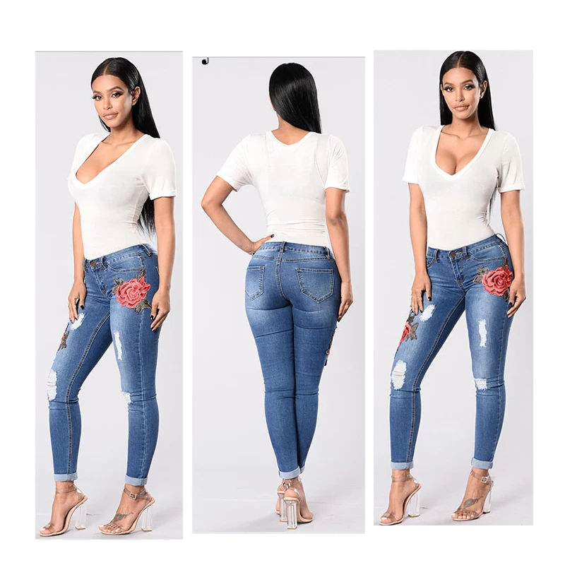 Женские эластичные джинсы со средней талией, с вышивкой, без рваных цветочных дырок, джинсовые брюки, женские джинсы, узкие брюки
