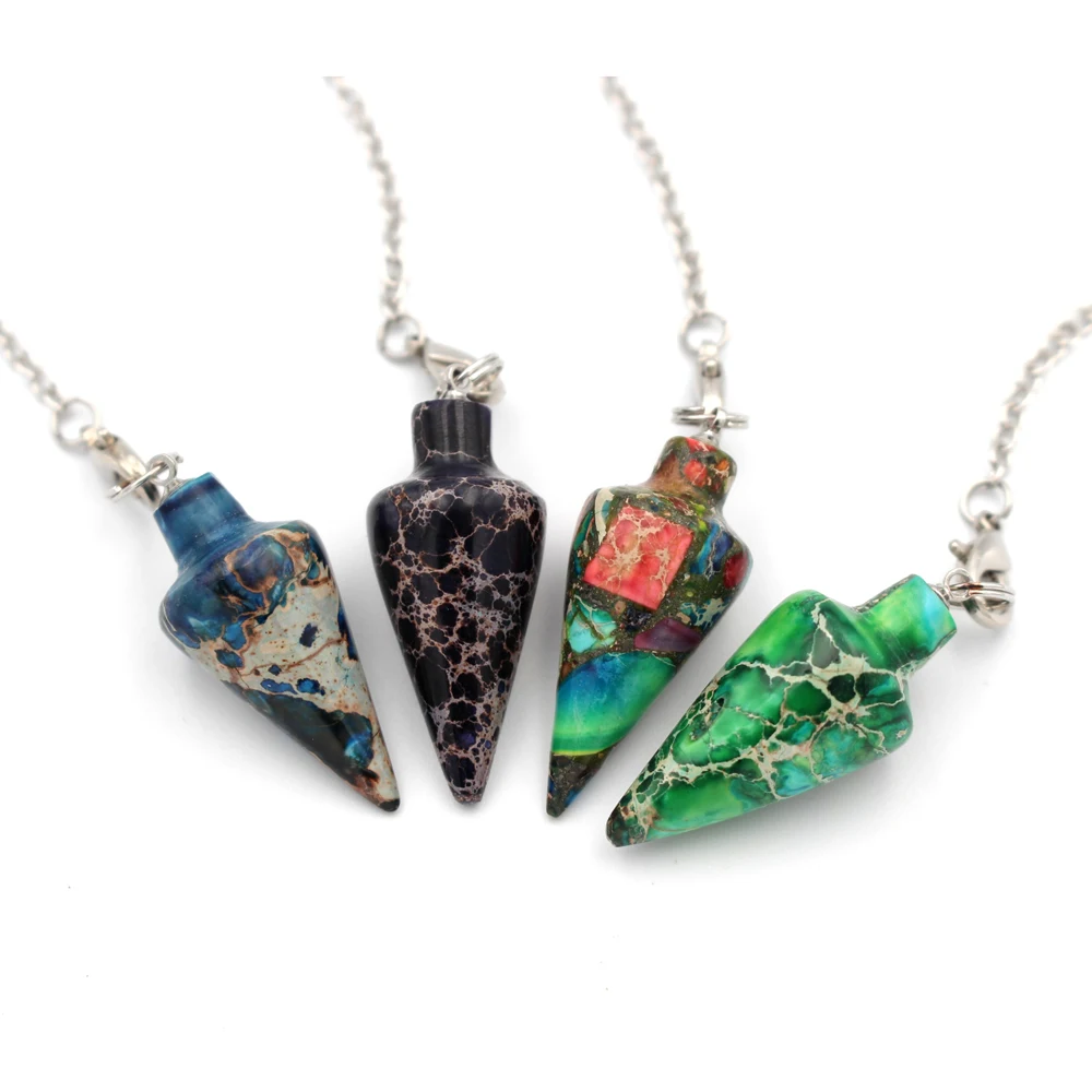 

1x Men Women Sea Sediment Stone Pendulum Pendant Bead Reiki Pyramid Hexagonal Pendulum Chain Pendant Amulet