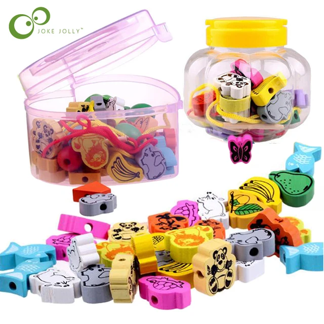 26pcs/lot wooden toys Cartoon Animals Fruit beads Stringing Threading Beads Game Education Toy for Baby Kids Children 1