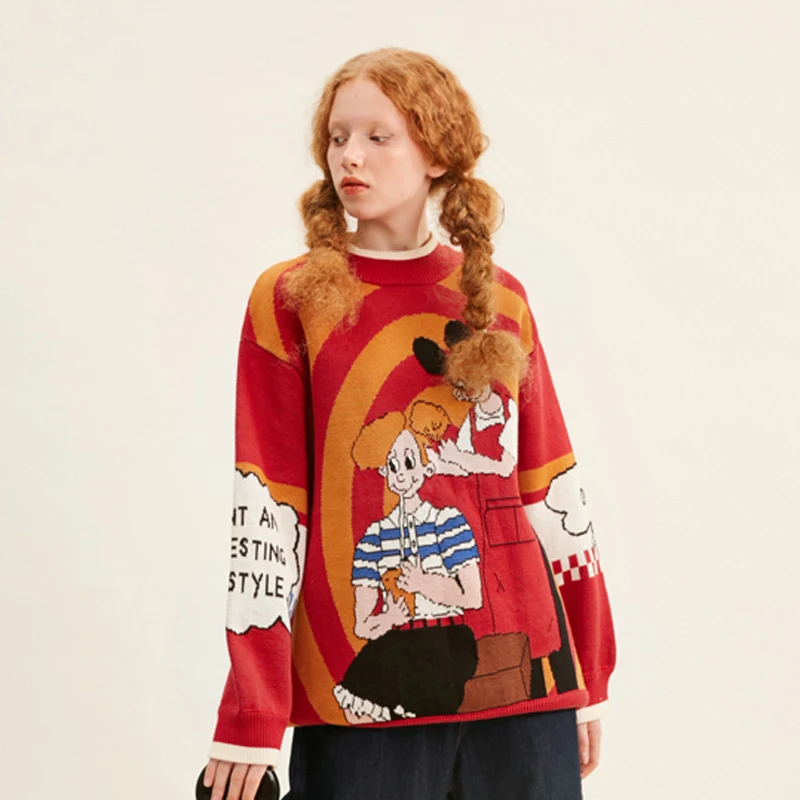 

Fall Original Design Vintage Winter Thick Large Sweater O Necl Cartoon Letters Women Pullover Knitwear Tops Red Jumper Knitted
