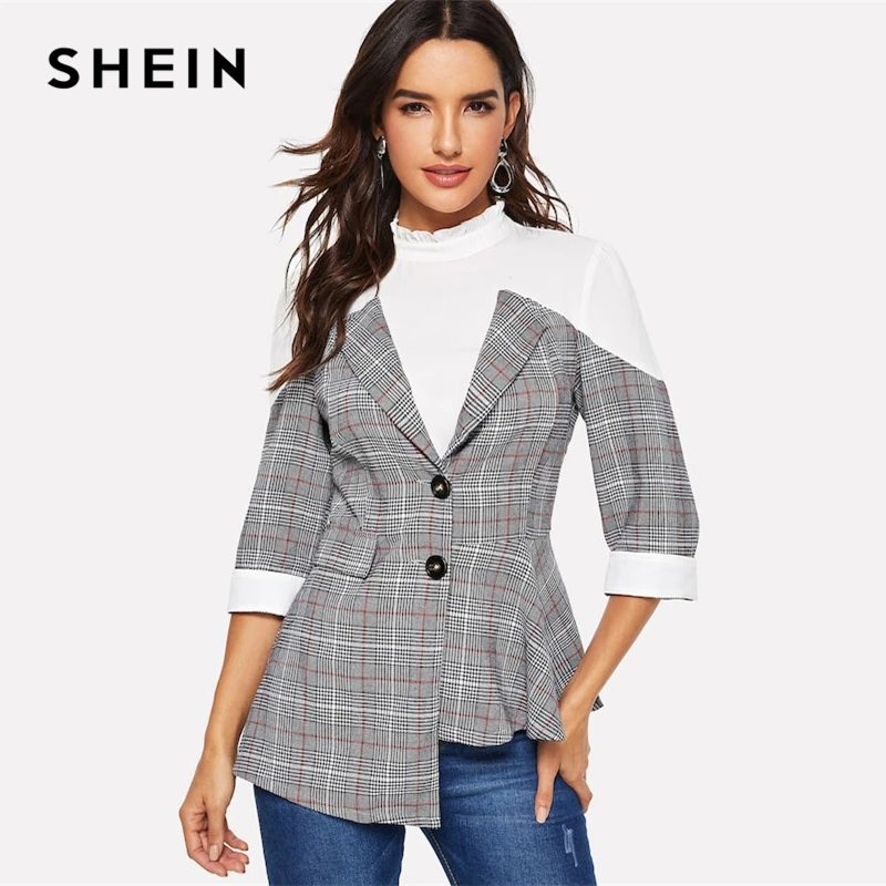 

SHEIN Grey Asymmetrical Hem Button Plaid Frill Neck Blazer Women Spring Office Lady Long Sleeve Single Breasted Casual Outer