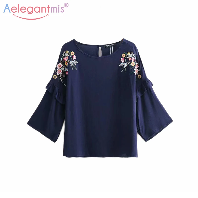 

Aelegantmis New Design Loose Chiffon Shirt Navy Blue Women Fashion Chic Flower Embroidery Blouses Lady Casual Long Sleeve Tops