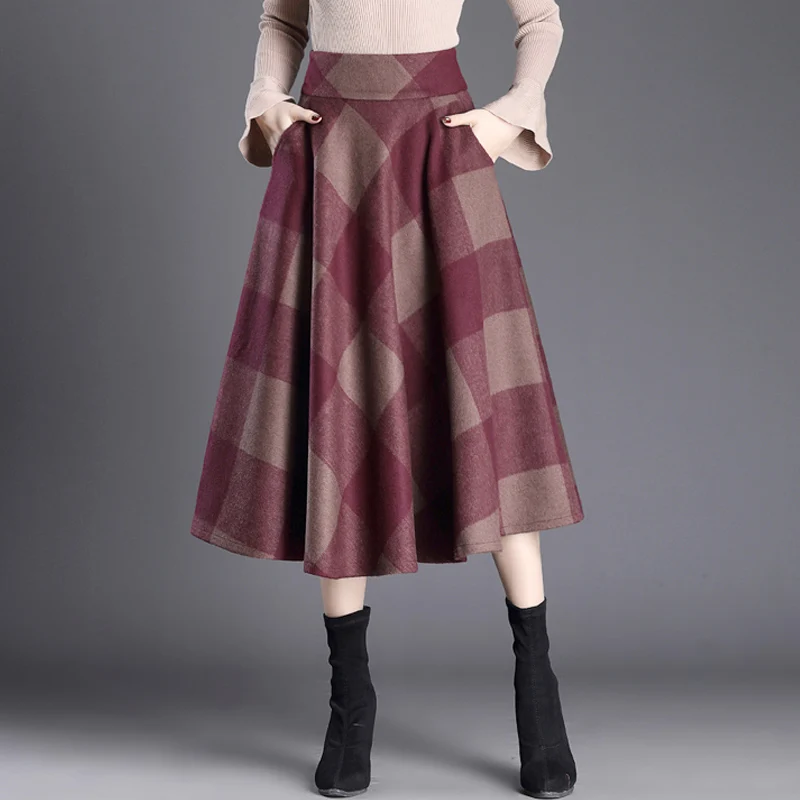 Зима Осень Винтаж для женщин Высокая талия красные, синие платные Свободные шерстяные юбки, повседневное Осень Женская 3xl плиссированные