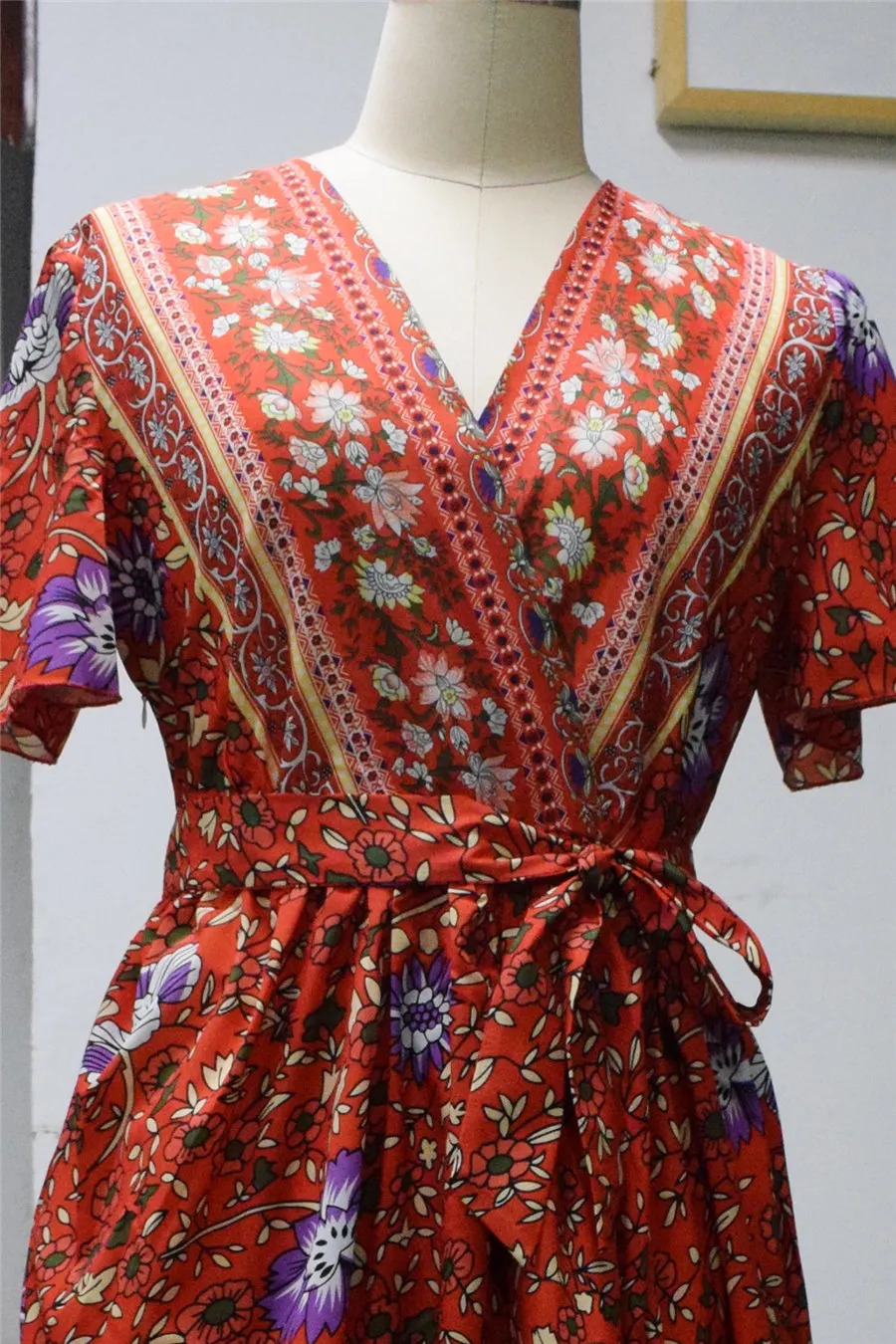 Gladiolus Bohemian Women Summer Dress Short Sleeve V Neck Floral Print Belt Tunic Split Sexy Beach Dresses Women 2019 Maxi Dress (25)