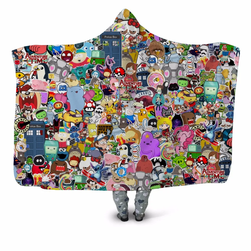 

Adventure Time Cartoon 3D Print Plush Hooded Blanket for Adults Children Warm Wearable Fleece Throw Blanket Home Office Washable