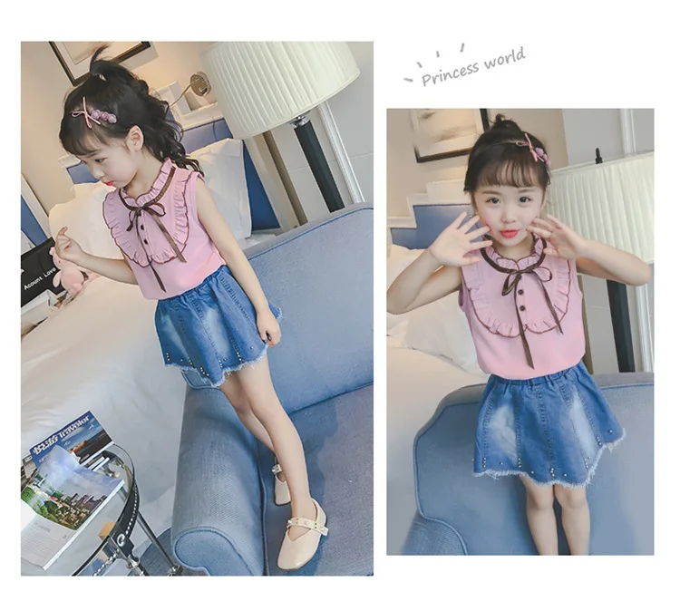 kids girls bowknot ribbon sleeveless shirts  denim short skirts girls clothes suits sets 08