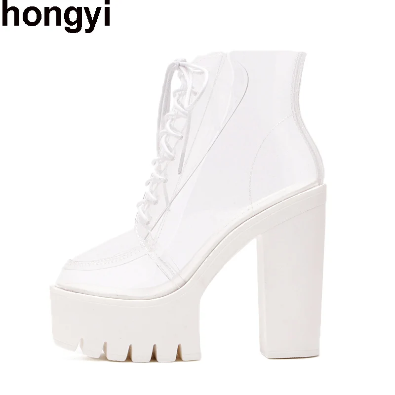 2017 women crystal ankle boots lace up high top shoes woman transparent jelly platform ultra very