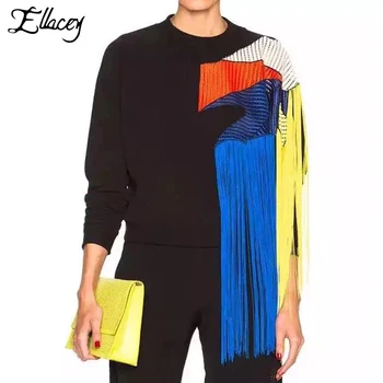 

Ellacey New Autumn High Street Sweatshirt Women Rainbow Tassel Splicing Hoodies Multicolor Mesh Yarn Patchwork Pullovers