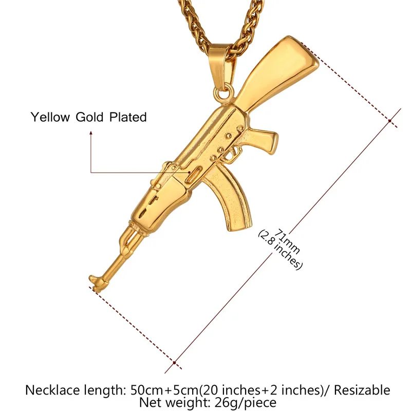 U7 хип-хоп ювелирные изделия AK47 Штурмовая винтовка узор ожерелье золотой цвет нержавеющая сталь крутая Мода кулон и цепь для мужчин P1046