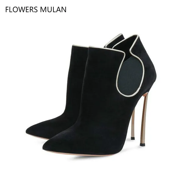 

Luxury Suede Upper Elegant Pointed Toe Nude Ankle Boots For Women Super High Heel 12.5cm Chelsea Boots Woman Shoes Slip On Botas