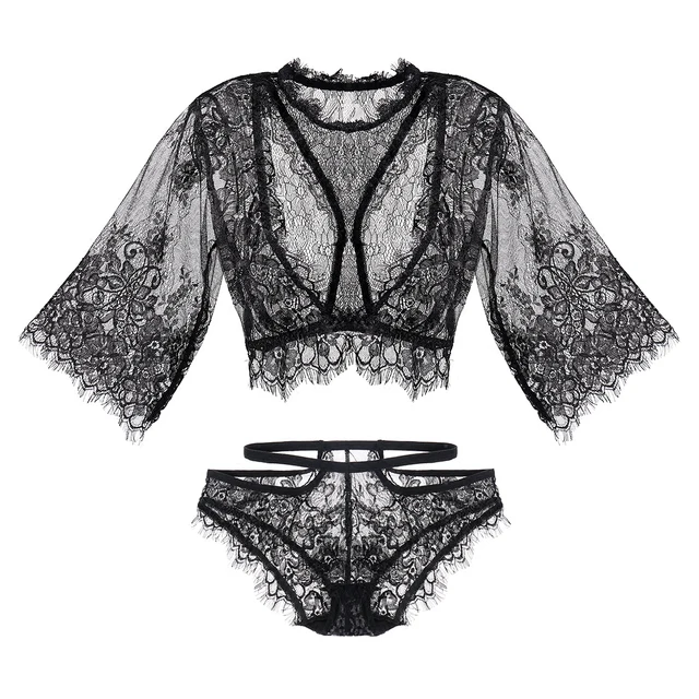 New Black White Lash Lace Underwear Suit Sexy Extreme Seduction Short Sleeve Tops Shorts Pajamas Set Women Sleepwear