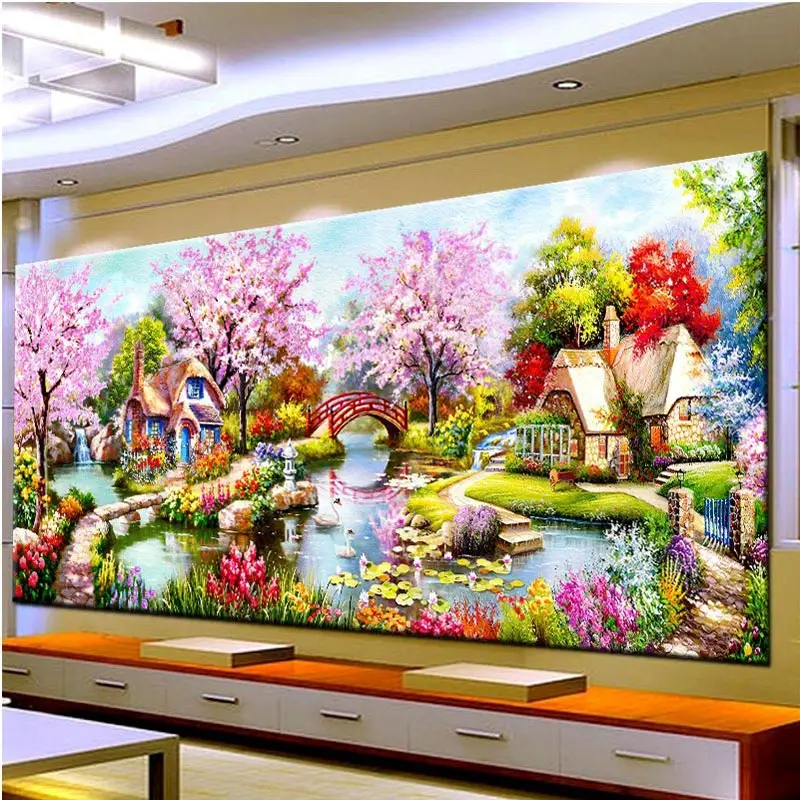 Beste 2018 Nieuwe DIY Landschap Diamant Schilderen Tuin Huisjes Lodge Volledige Vierkante Ronde Diamanten Borduurwerk Voor Woonkamer Home Decor