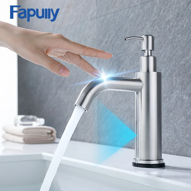 

Fapully Smart Touch Sensor Basin Faucet Chrome Multifunctional Bathroom Faucet With Soap Dispenser Touch Control Tap Mixer 1049