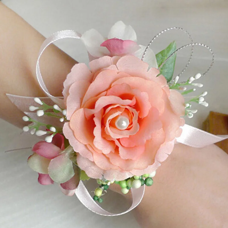 Hot Sale Bridal Wrist Flower Corsage Girls Bridesmaid Sisters Hand Flowers Wedding Prom Artificial Silk Flowers