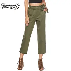 Benuynffy Армейский зеленый брюки для Для женщин сезон: весна–лето моды Боковой изгиб карман Повседневное брюки высокое эластичный пояс