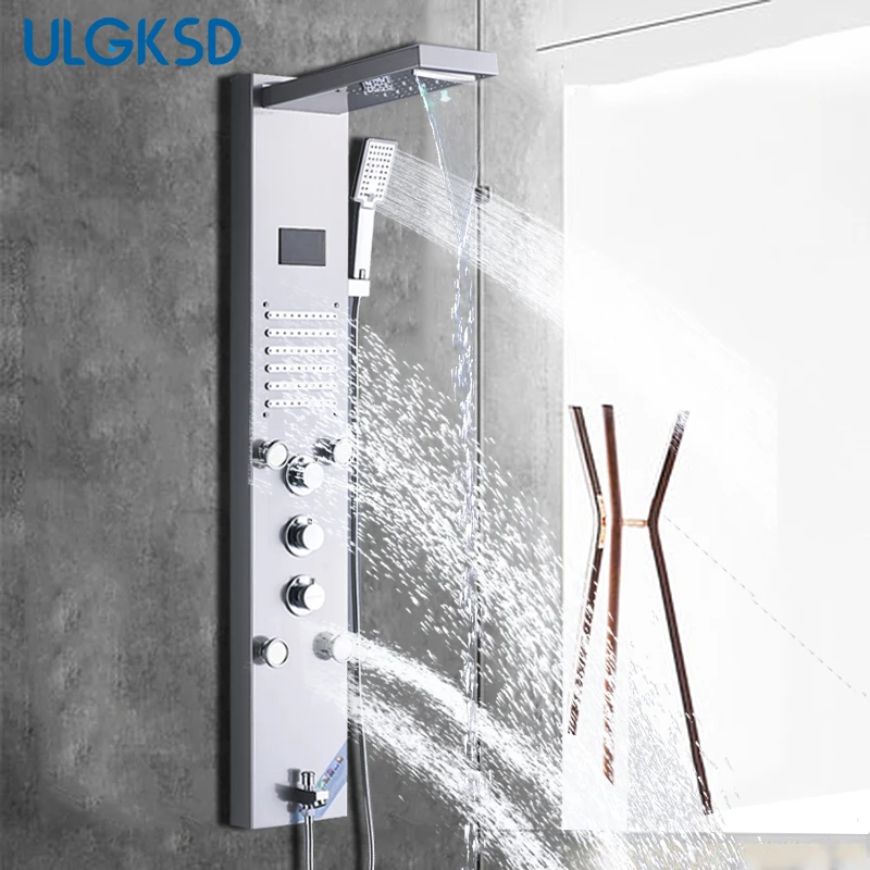 Luxury LED Rain Waterfall Shower Panel Column Shower Faucet Set 4 Multi functional Nozzles