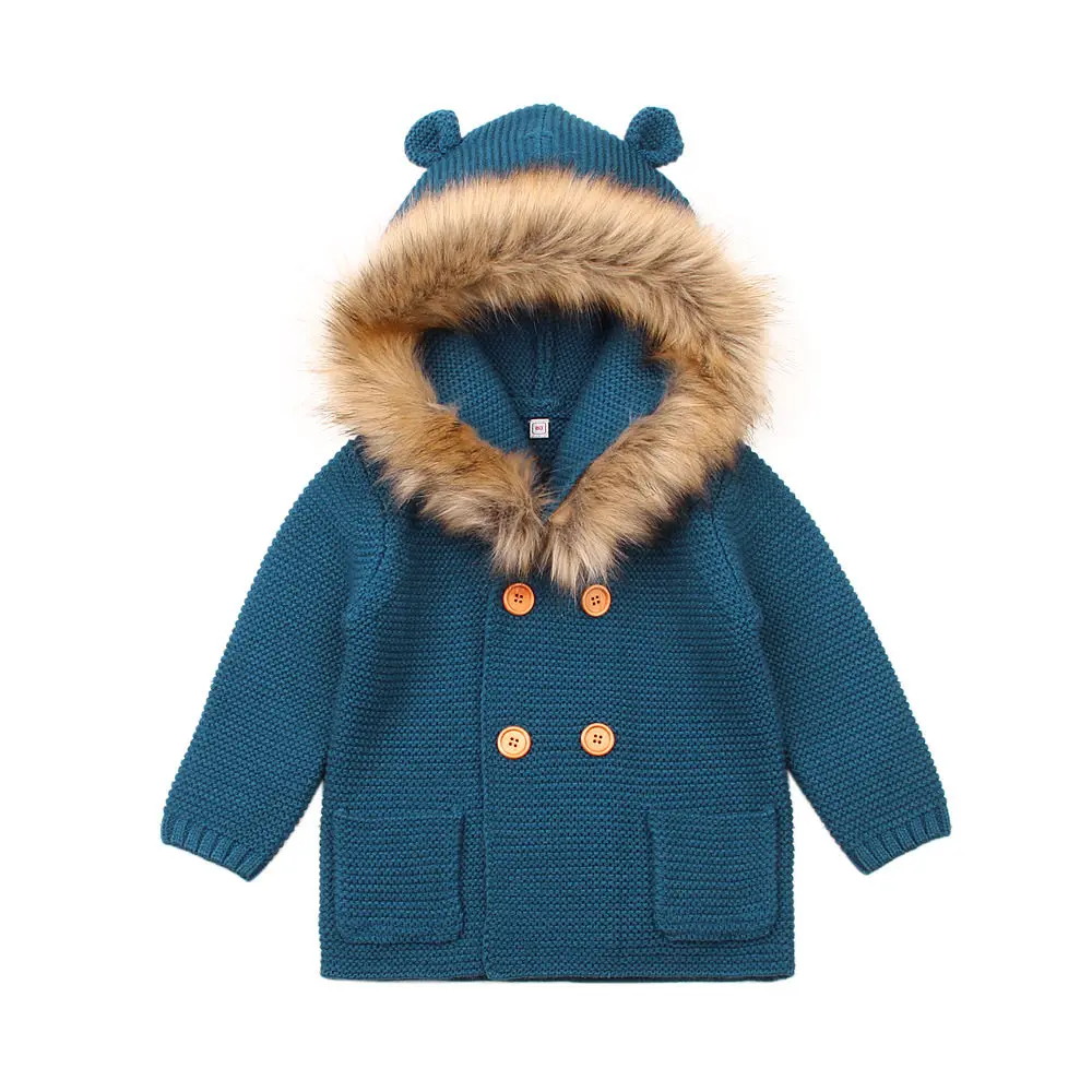 Детская одежда Детские свитера с капюшоном для мальчиков меховой воротник трикотажный жакет с длинными рукавами осенние и зимние пальто Зимнее пальто для девочек - Цвет: Синий