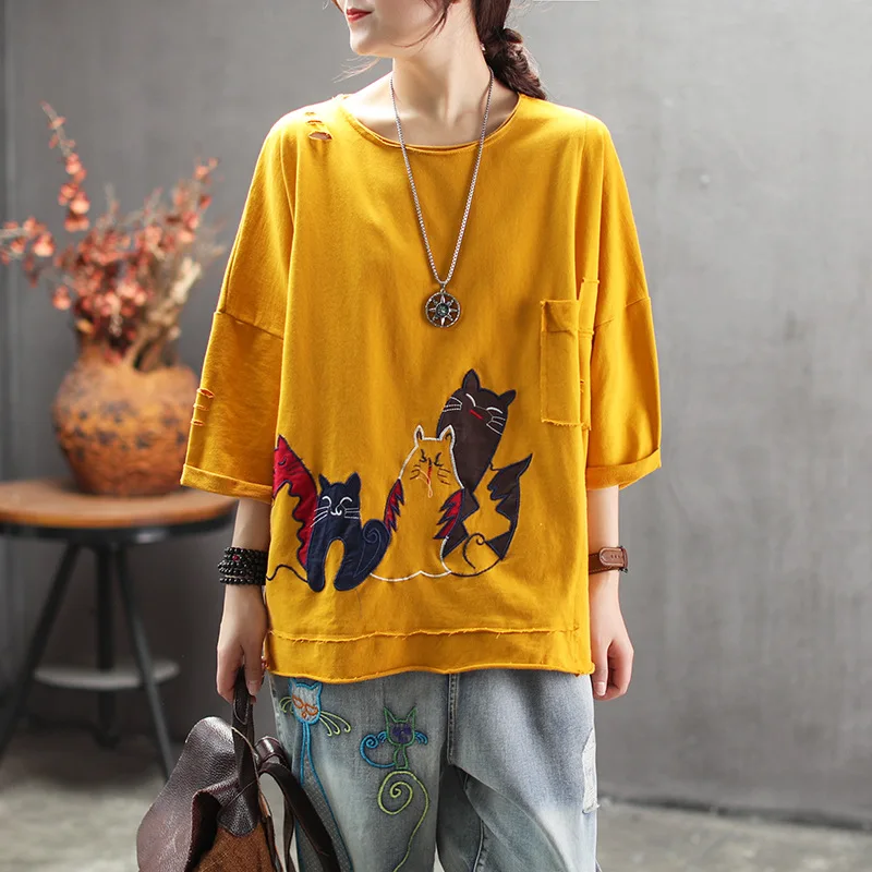 Женская летняя свободная футболка в стиле ретро с вышивкой, футболки, женские топы с мультяшным котом, женские рваные футболки, винтажные футболки