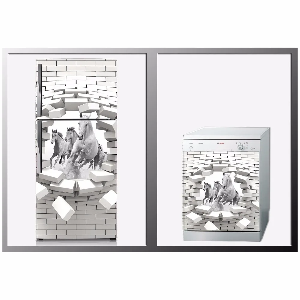 

3D White Horses Breaking Wall Art Design SelfAdhesive Refrigerator Dishwasher Door Sticker Wallpaper wall sticker Kitchen