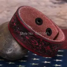 G89 Красный винтажный цветочный тисненый качественный кожаный браслет с широкими манжетами мужские