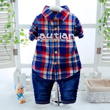 Boy clothing autumn new children’s suit, fashion long sleeve Lapel Plaid long sleeve shirt two sets