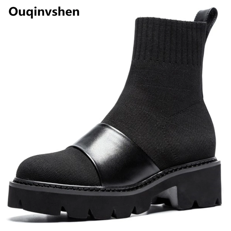 

Ouqinvshen Black Fashion Ankle Boots For Women Casual Knitting Slip-On Winter Shoes Women High Heels Round Toe Platform Boots