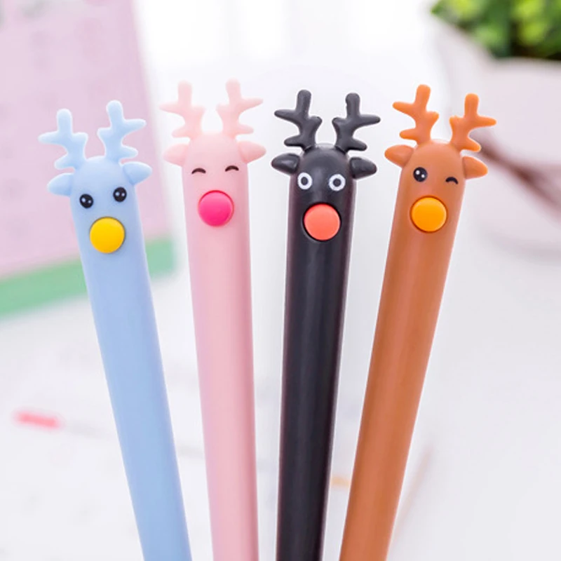 4 цвета, гелевая ручка, 0,38 мм, с рисунком лося, милые обучающие канцелярские принадлежности, олень, ручка на водной основе, рождественский подарок, офисные принадлежности для письма