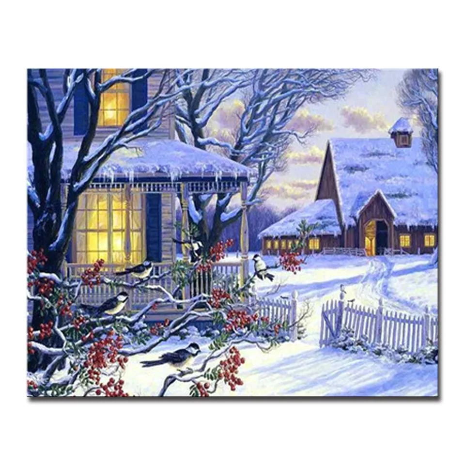 

Painting By Numbers DIY Drawing Winter Night Cabin Building Canvas Home Decor Wall Art Kits Coloring Oil Pictures Gift Framework