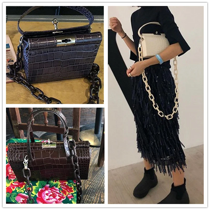 Burminsa Acrylic Strap Genuine Leather Bags Women Crocodile Shoulder Bags Unique Design Small Rectangle Box Female Handbags 2019