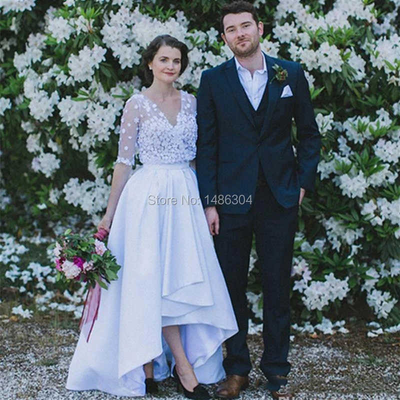 2019 High Low Country Wedding Dresses with Applique Illusion Half Sleeves Bridal Gowns V Neck Sexy Buttons Back Formal Party A Line Dress (4)
