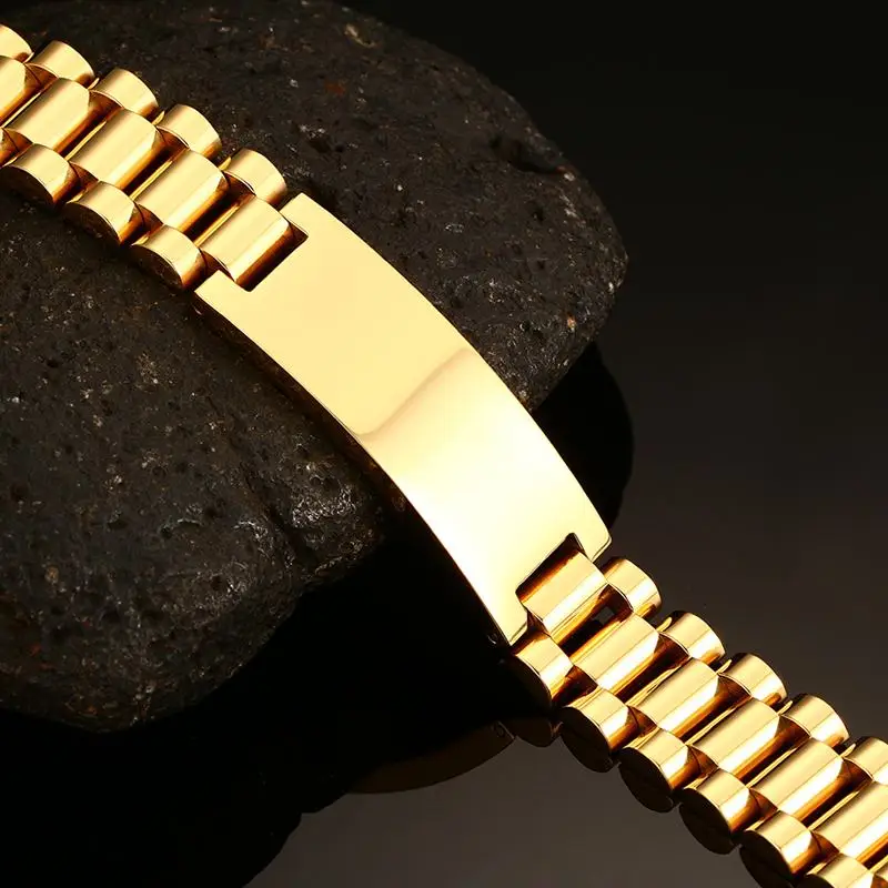 Vnox Personalized ID Men Bracelet Gold-color Stainless Steel DIY Engraving Words Chain Link Bracelet stainless steel bracelet