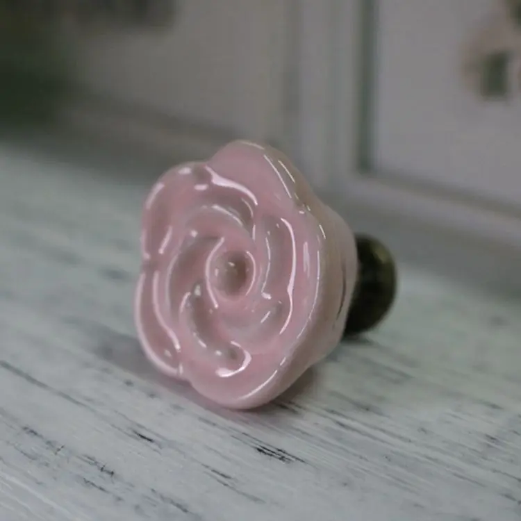 Ceramic Rose Flower Knob Pull Kitchen Cupboard Knob Kids Drawer