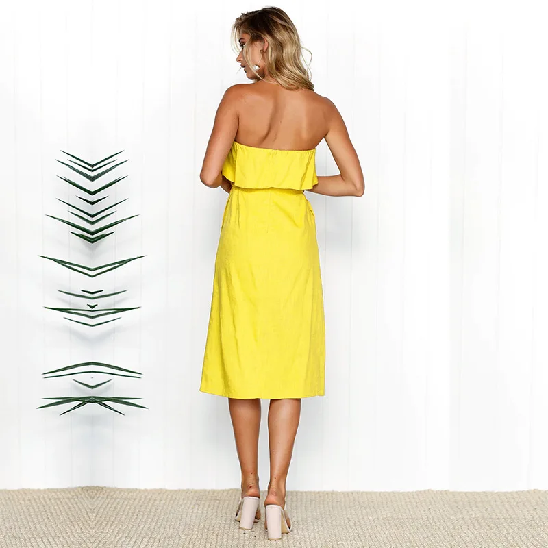 Beach Summer Dress Women Sexy Strapless Bow Tie Off Shoulder Party Dress with Belt Ladies Casual Button vestidos de festa yellow Dresses