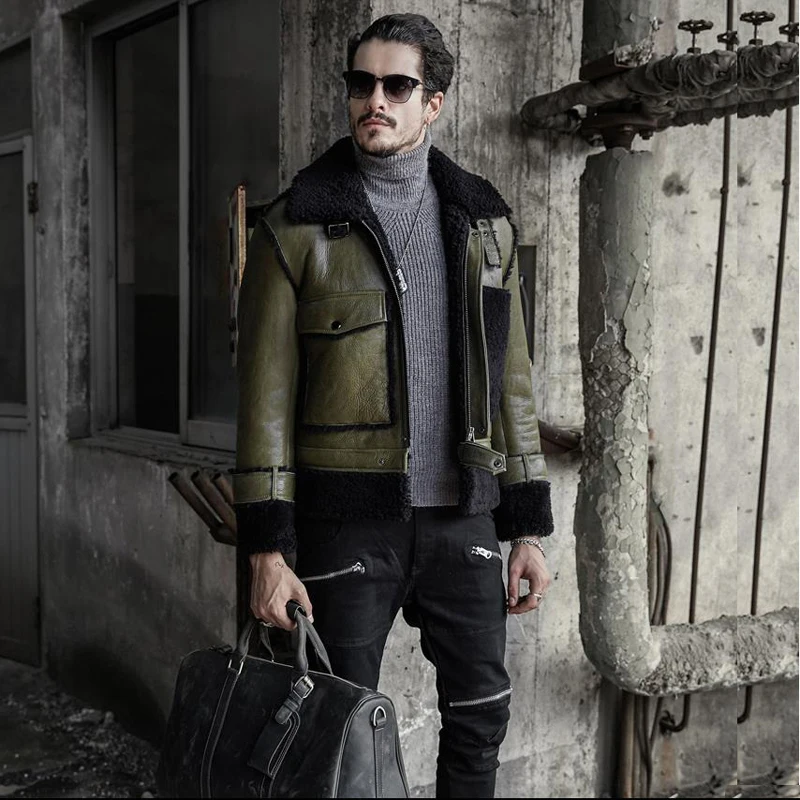 

B3 Sheepskin Shearling Jacket Mens Green Color Aviator Motorcycle Jacket Travel Casual Coat Winter Leather Jacket