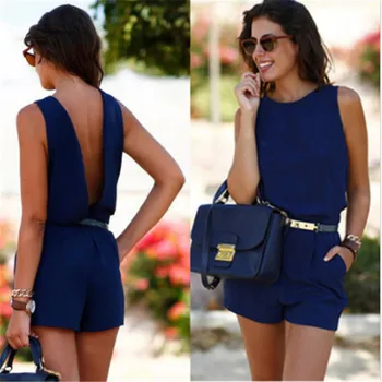 

Summer Women Casual Sleeveless Playsuit Office Ladies Backless Beach Short Jumpsuit Solid Blue Red Yellow Halter Female Rompers