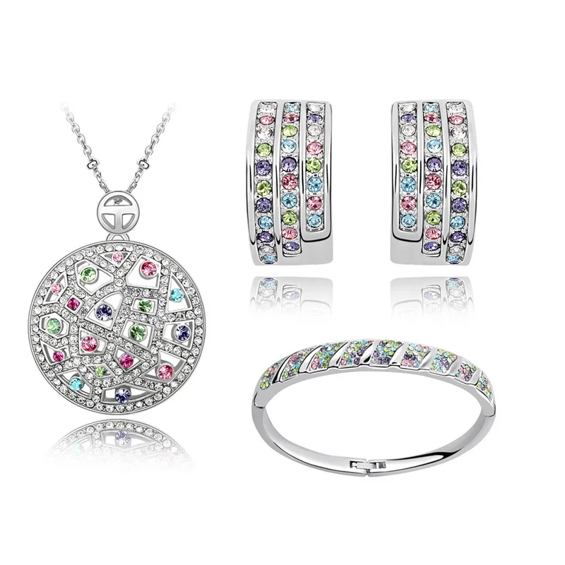 Multicolored Necklace Earrings Bangle Set Made With Genuine Swarovski Elements Bridal Jewelry Sets Women Beautiful Gifts STZ0023