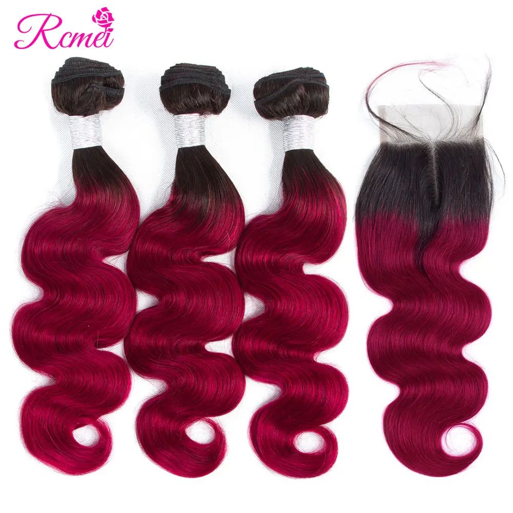 Rcmei T1b Burgundy Colored Hair Brazilian Body Wave Bundles