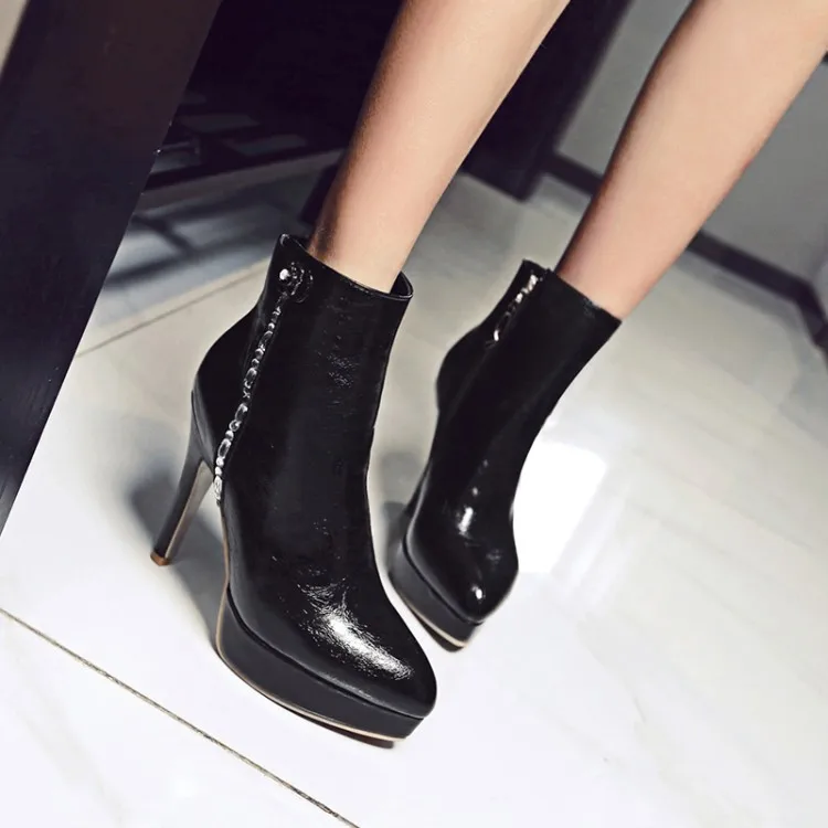 

Big Size 11 12 13 Metal flower water drill side zipper boots with pointed thin heel and super high heel waterproof platform
