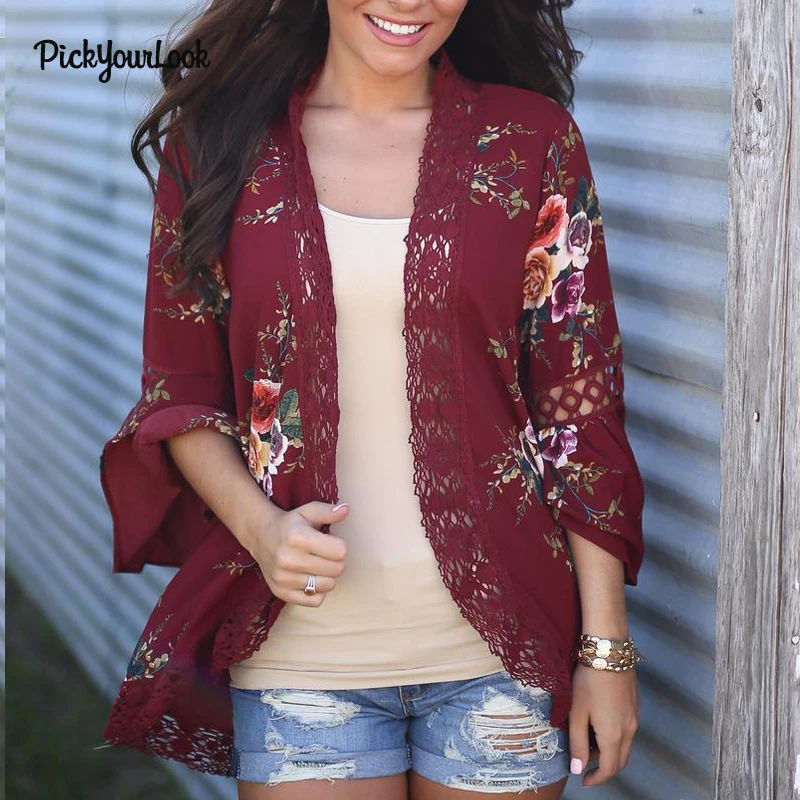PickyourLook Women Cardigan Long Sleeve Female Tops Lace Cardigan Autumn Patchwork Floral Plus Size Lady Kimono Cardigan Outwear