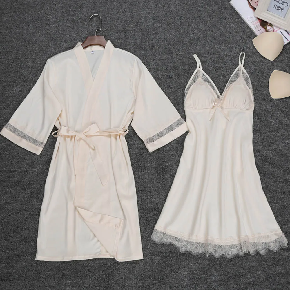 

Women Satin Silk Night Dress Kimono Bathrobe Sets Bridesmaid Wedding Sexy Lingerie Sleepwear Nightgown Nightwear robe de nuit