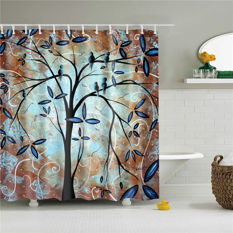 Ванная комната поставка занавески для душа набор абстрактные деревья водонепроницаемая ткань с рисунком ткань для ванной занавески экран с крючками - Цвет: TZ170624