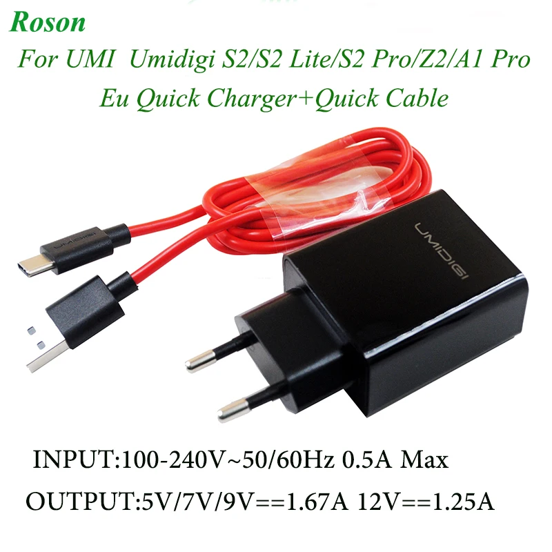 

Roson Quick Charger Original with 1M Type C Data Cable Quick Charging for Umi Umidigi S2/S2 Pro/S2 Lite/Z2/A1 PRO 5V/7V/9V-1.67A