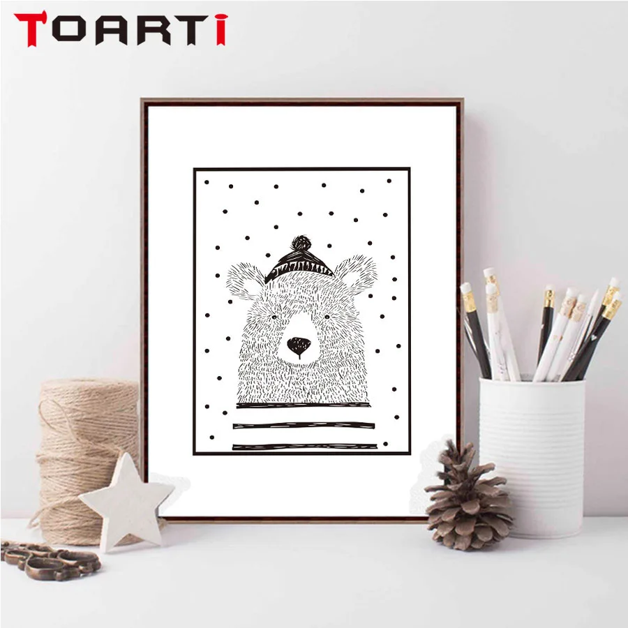 Kawaii Kartun Hewan Beruang Hitam Putih Kanvas Seni Lukisan Poster