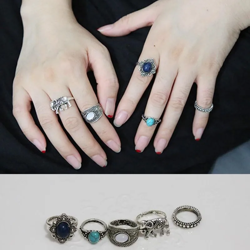 

Boho Jewelry 5pc/Pack Turkish Elephant Knuckle Joint Ring Set Bohemian Natural Stone Retro Finger Ring Christmas Gift