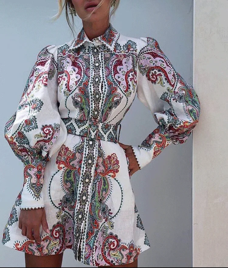 

Linen Runway Style Lennon Paisley Print Filigree Shirt Dress Blouson Sleeves & Front Button Closure & Removable Matching Belt
