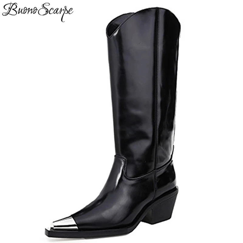 

BuonoScarpe Stage Show Women High Heel Boots Real leather Chunky Heels Mid-Calf Botas Female Metal Square Toe Motorcycle Boots